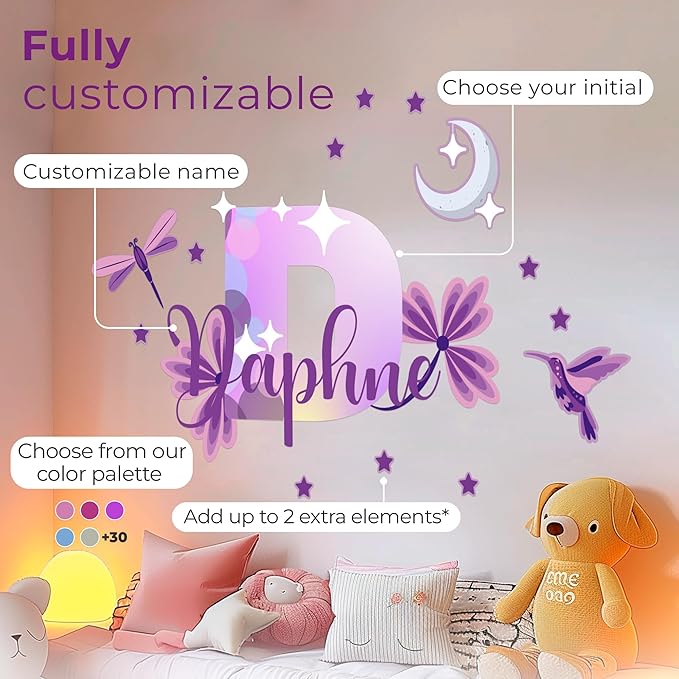 CRYPTONITE Custom Stickers Name Wall Decor with Purple Flower | Custom Name & Initial for Purple Wall Decor | Flower Wall Decals for Bedroom Decor I Custom Decal for Baby Girl Nursery Decor(E. Floral)-CubbioJoy