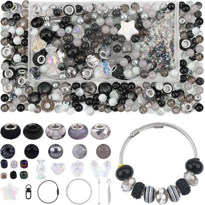 630pcs Beads for Bracelets Making Kit, European Large Hole Beads for Pens, 8mm Round Glass Beads with Charms Spacer Beads for DIY Bracelet Necklace Earring Jewelry Making (Black)-CubbioJoy