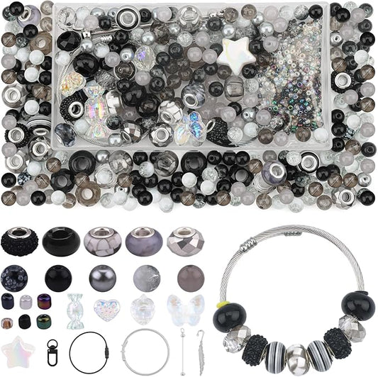 630pcs Beads for Bracelets Making Kit, European Large Hole Beads for Pens, 8mm Round Glass Beads with Charms Spacer Beads for DIY Bracelet Necklace Earring Jewelry Making (Black)-CubbioJoy