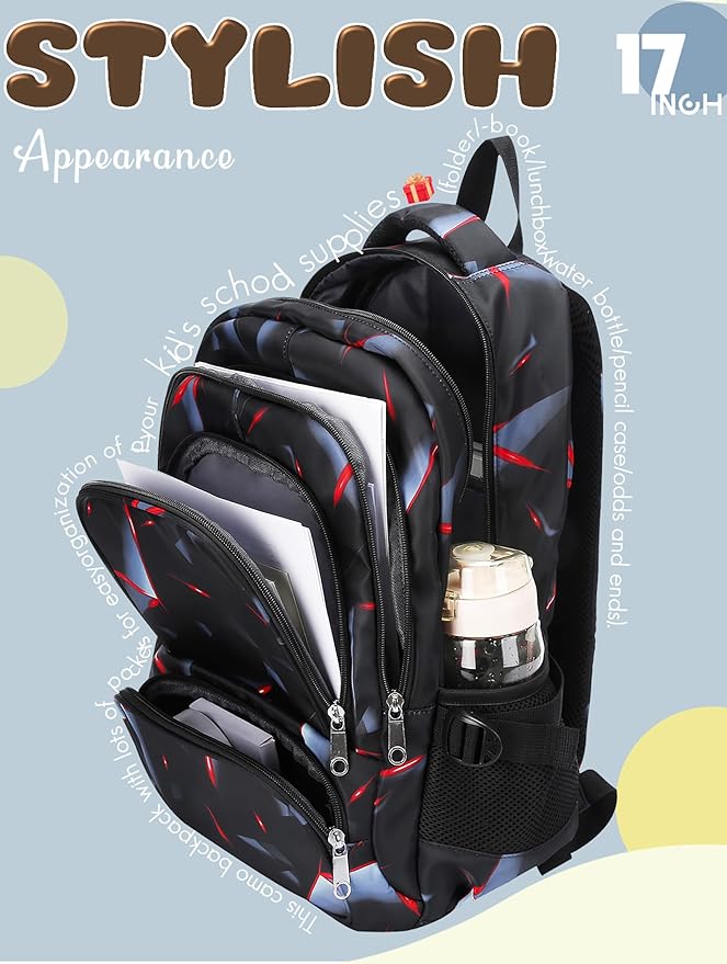BLUEFAIRY Kids Backpack for Boys Elementary Primary School Bags for Childs Black Bagpack Book Bag Back to School Gifts for Son Mochilas Escolares para Niños 17" Large Compartment Black/Red-CubbioJoy
