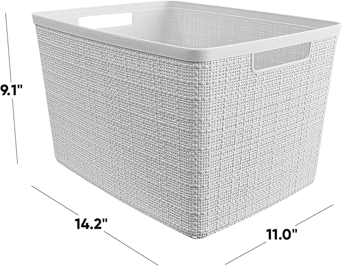 Curver Set of 4 Jute Large Decorative Plastic Organization and Storage Baskets, Perfect Bins for Home Office, Closet Shelves, Kitchen Pantry and All Bedroom Essentials, White-CubbioJoy