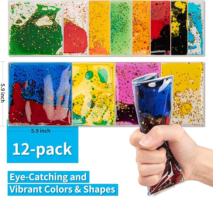 Art3d 6”x6” Square Sensory Fidget Liquid Motion Tiles for Kids, Toddler, Teens - Interactive Soft Gel Liquid Play Mats for Home, Schools, Playrooms, Multi-Pack of 12 Tiles-CubbioJoy