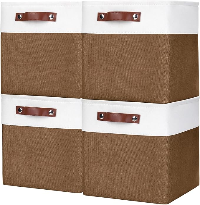 Collapsible Fabric Storage Cubes 11x11 Cube Storage Bins, 4 Pack Closet Baskets Box with Handles for Organizing, Shelf, Toys, Clothes, Home, Office, Nursery (Brown&White)-CubbioJoy