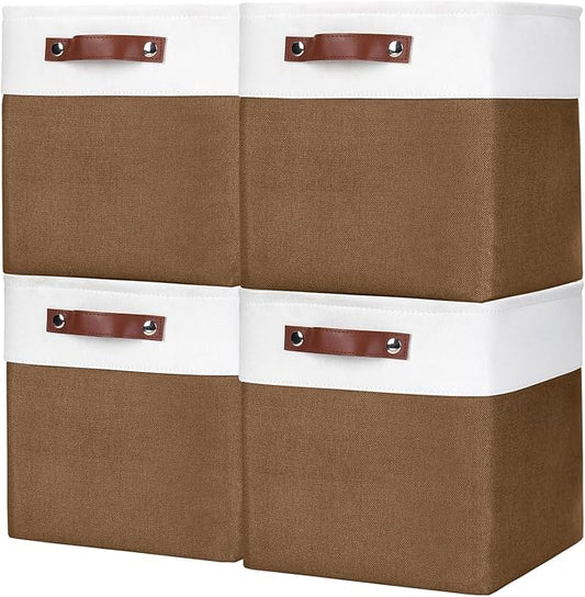 Collapsible Fabric Storage Cubes 11x11 Cube Storage Bins, 4 Pack Closet Baskets Box with Handles for Organizing, Shelf, Toys, Clothes, Home, Office, Nursery (Brown&White)-CubbioJoy