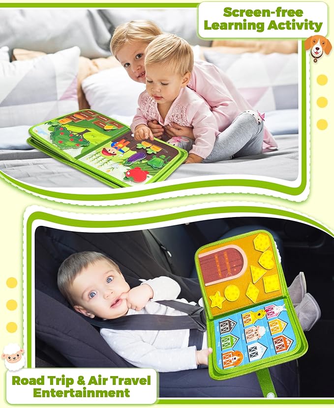 Busy Book for Toddlers 1-3, Montessori Toys for 1 2 Year Old Boy Girl Birthday Gifts, Busy Board Educational Learning Toys for 1+ Year Old, Toddler Airplane Travel Toy Farm Animals Activity Books-CubbioJoy