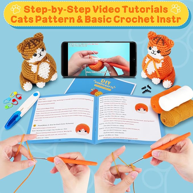 Crochet Kit for Beginners, 2PCS Cat Crochet Animal Kit with Step-by-Step Video Tutorials, Beginner Crochet Kit for Adults, Crochet Starter Kit for Kids, Learn to Crochet, Stuffed Animal Knitting Kit-CubbioJoy
