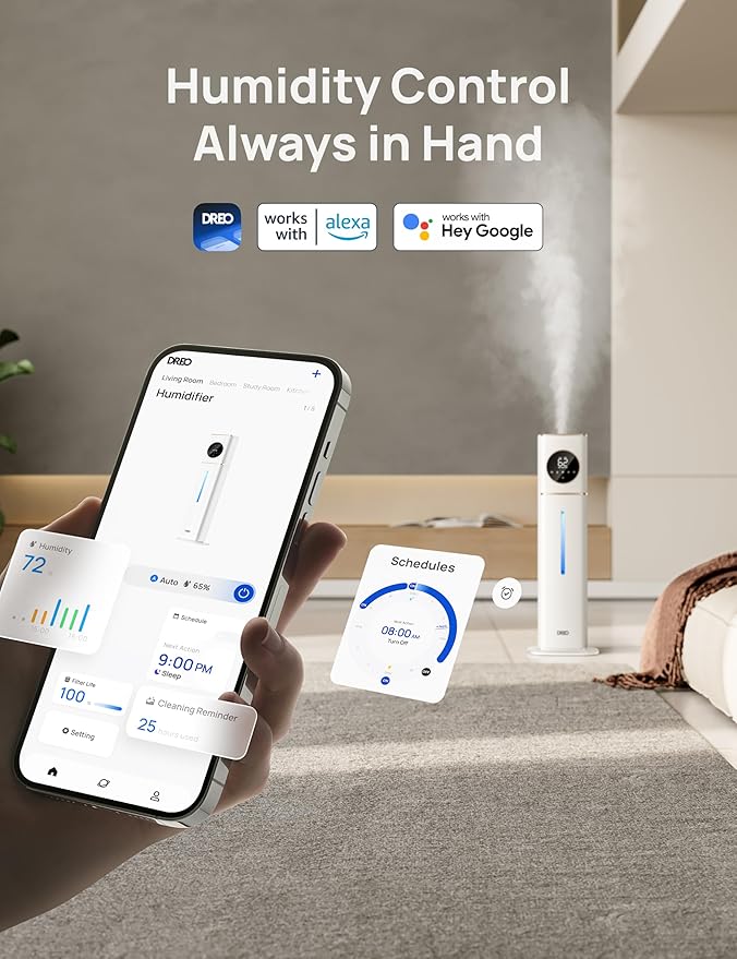 Dreo 11L Smart Humidifier Large Room 700 ft², 100H Cool Mist Air Humidifiers for Bedroom Baby Plants, Top-Fill Self-Cleaning Tank, 26dB, Auto Mode, RGB Light, Remote & APP Control, HM735S White-CubbioJoy