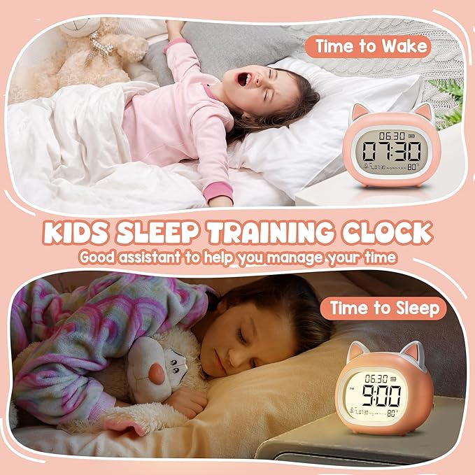Kids Alarm Clock with Night Light for Kids, Small Digital Alarm Clocks for Bedrooms, Routine Builder, Cute Cat Alarm Clock with Sleep Training, Snooze, 12/24H, Date & Day, Temperature, USB Port-CubbioJoy