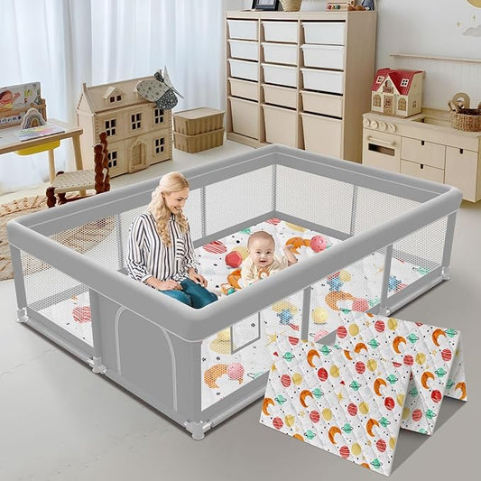 74x50 Inch Baby Playpen with Mat, Playpen with Cute Mat for Babies and Toddlers Play Pen Playards Safety Gate Fence Active Center Indoor-CubbioJoy