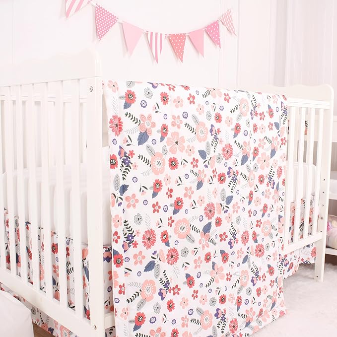 CaSaJa Baby 3-Piece Crib Bedding Set for Boys Girls, Including Soft Quilted Comforter(Blanket), Fitted Crib Sheet and Skirt, Soft Nursery Bedding Set Made of Silky Comfy Materials, Petals Flying-CubbioJoy