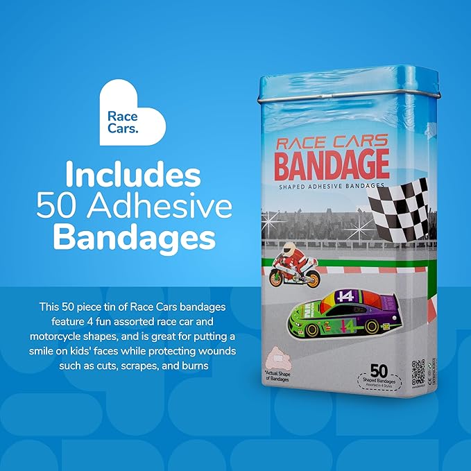 BioSwiss Bandages, Race Cars Shaped Self Adhesive Bandage, Latex Free Sterile Wound Care, Fun First Aid Kit Supplies for Kids and Adults, 50 Count-CubbioJoy