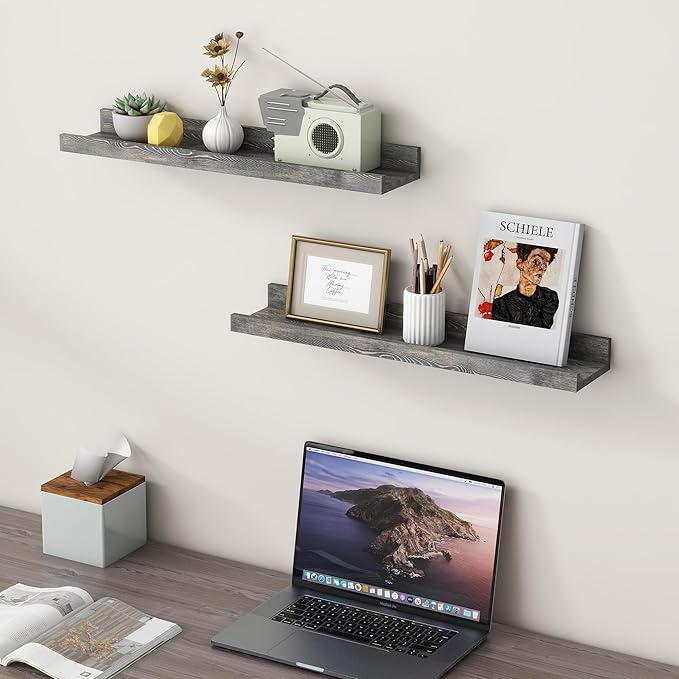 24 Inches Floating Shelves for Wall, Solid Pine Wood Picture Ledge Shelves, Wall Shelves with Lips, Nursery Book Shelves for Toys Storage Living Room Bedroom Photo Frames (2 Pcs, Grey)-CubbioJoy