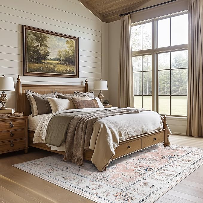 jinchan Washable Area Rug 5x7 Ultra-Thin Low Pile Non Slip Stain Resistant Soft Faux Wool Spring Floral Distressed Vintage Carpet for Bedroom,Living Room,Dining Room,Kitchen,Nursery(Pink, 5' x 7')-CubbioJoy