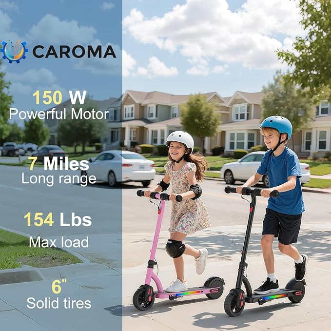 Caroma Electric Scooter for Kids Ages 6-12,150W/180WMotor,10 MPH Max Speed & 7 Miles,Colorful Lights,Adjustable Height & Speed,LED Display,Foldable Kids Electric Scooter 132 Lbs Max Load,Idea Gift-CubbioJoy