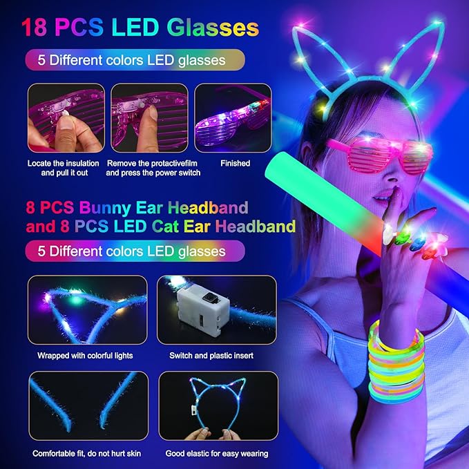 282 PCS Glow in the Dark Party Supplies, 18 Foam Sticks, 18 LED Glasses, 200 Glow Sticks, 30 Finger Lights, 8 Bunny Ear Headband and 8 LED Cat Ear Headband for Wedding,Birthday,Concert,New Year-CubbioJoy
