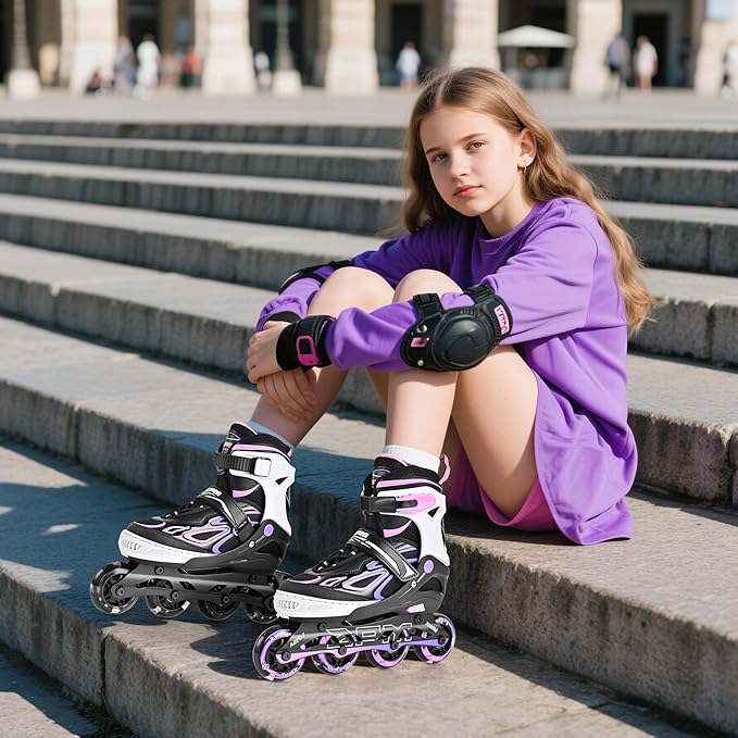 2PM SPORTS Vinal Girls Adjustable Flashing Inline Skates, All Wheels Light Up, Fun Illuminating Skates for Kids Men Adult Women and Boys-CubbioJoy