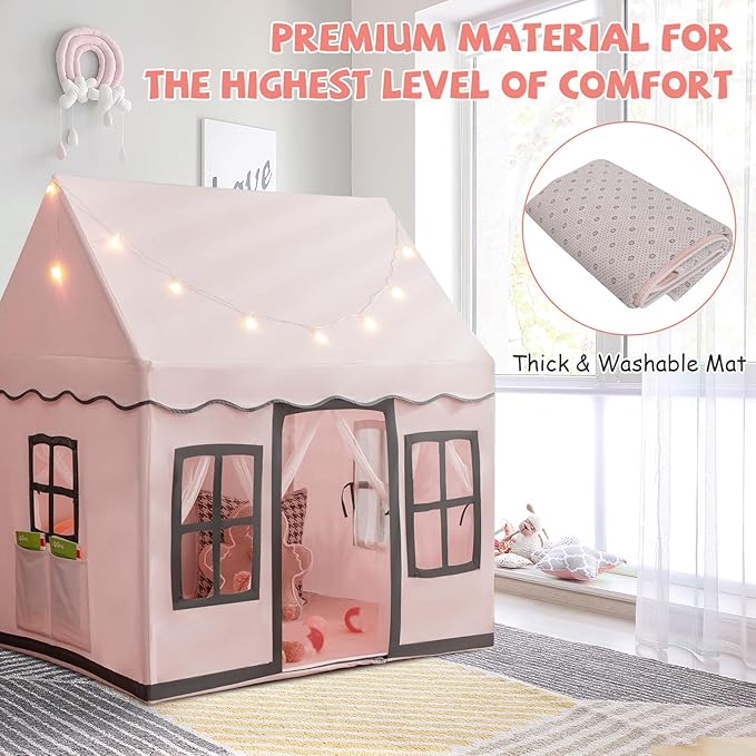 INFANS Kids Play Tent with Washable Mat Star Light Windows, Anti-Trip Large Playhouse Toys for Children Boys Girls, Indoor Outdoor Princess Tents Castle for Toddlers (Pink)-CubbioJoy