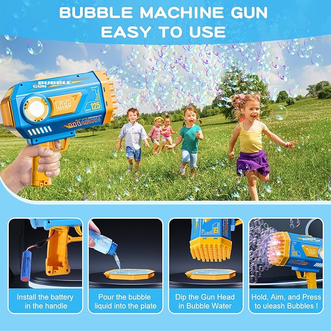 Bubble Gun, 125 Holes Bubble Machine with Lights, Bubble Guns for Kids Ages 4-8 Year Old, Big Bubble Gun Blaster for Wedding, Halloween Outdoor Toy Birthday Bubble Maker Party Favors (Blue)-CubbioJoy