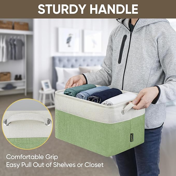 BALEINE 4 Pack Fabric Storage Bins for Shelves, Linen Storage Baskets for Organizing, Decorative Closet Bins for Clothes, Home (Green, 15''x11''x9.5'')-CubbioJoy