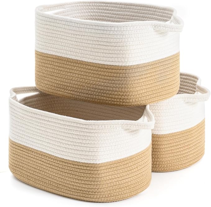 Cotton Rope Woven Storage Basket, Used for Baby Hamper Toy Organizer, Gift Baskets Empty,Kids Laundry Basket,Baby Blanket Storage. Size 15x10x8.7 Inches. (White&Khaki-3PCS)-CubbioJoy