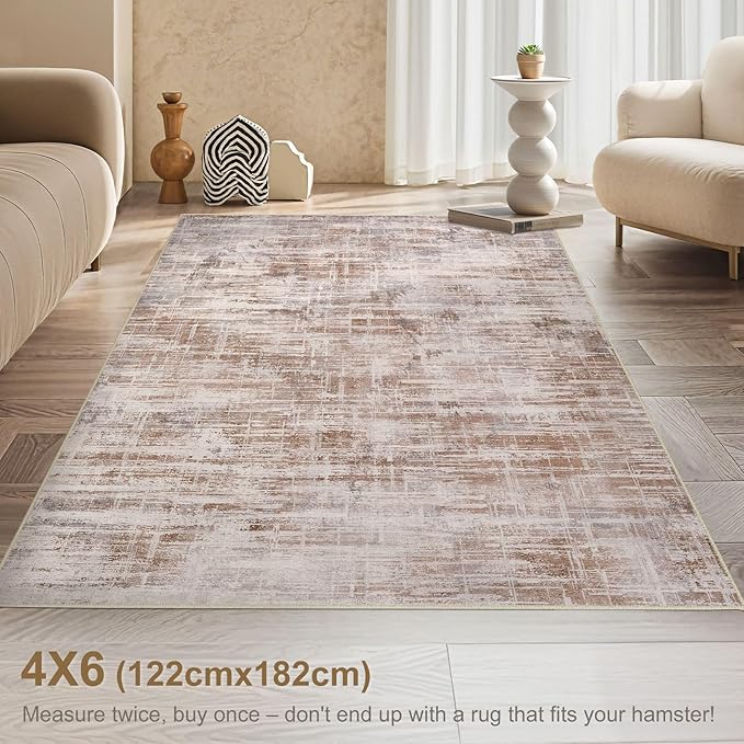 Area Rug for Living Room: 4x6 Washable Neutral Abstract Modern Soft Rugs Non Slip Indoor Floor Stain Resistant Carpet for Bedroom Dining Room Office Nursery - Red Brown-CubbioJoy