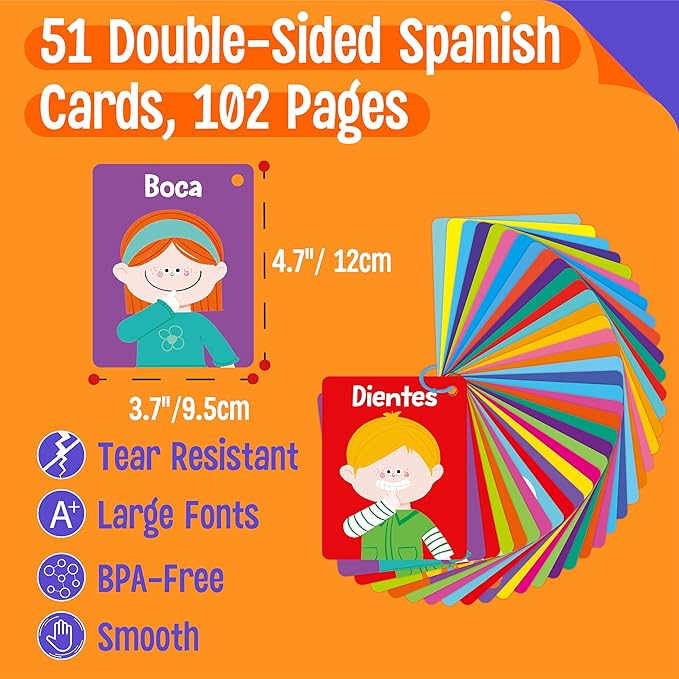 51 PCS Spanish Baby Cognitive Flashcards, Double Sided Printed 7 in 1 Colorful Cards Alphabet, Numbers, Foods, Animals, Shapes, Colors with 2 Reclosable Rings, Learning Tool for Toddlers-CubbioJoy