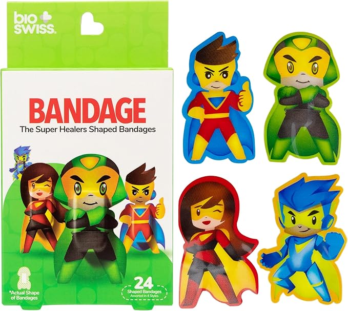 BioSwiss Bandages, Super Healers Superhero Shaped Self Adhesive Bandage, Latex Free Sterile Wound Care, Fun First Aid Kit Supplies for Kids and Adults, 24 Count-CubbioJoy