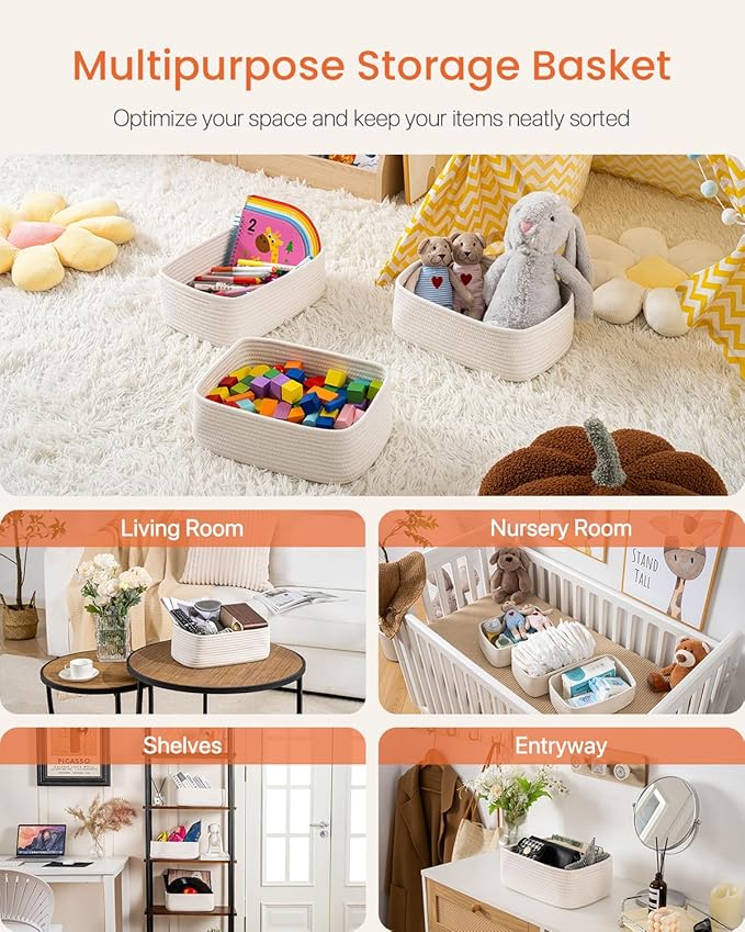 KALLAX Small Woven Basket, 12 x 8 x 4.5 Inches, Storage Basket for Organizing, Cute Small Rope Shelf Closet Cube Storage Bins Baskets for Shelves, Dog Toy Gift Baskets Empty, 3 Packs, Off White-CubbioJoy