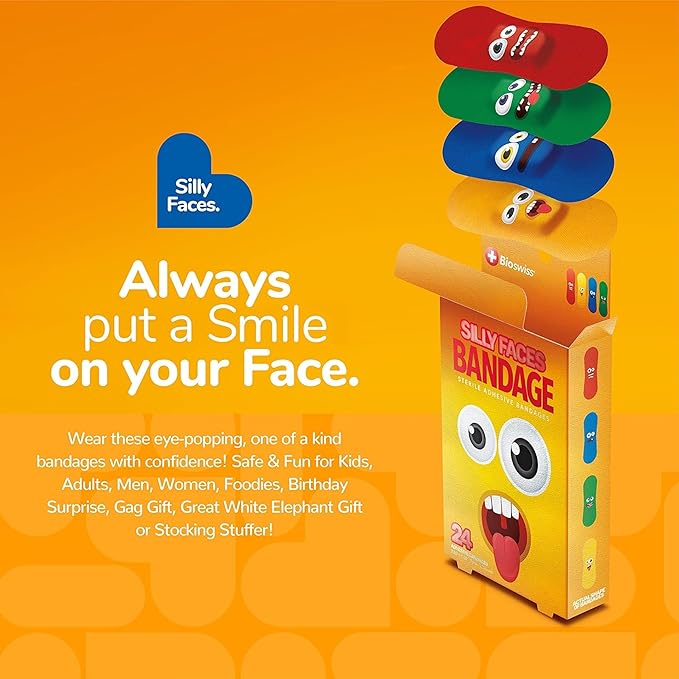BioSwiss Bandages, Silly Faces Self Adhesive Bandage, Googly Eyes Latex Free Sterile Wound Care, Standard Shape for Kids and Adults, 24 Count-CubbioJoy
