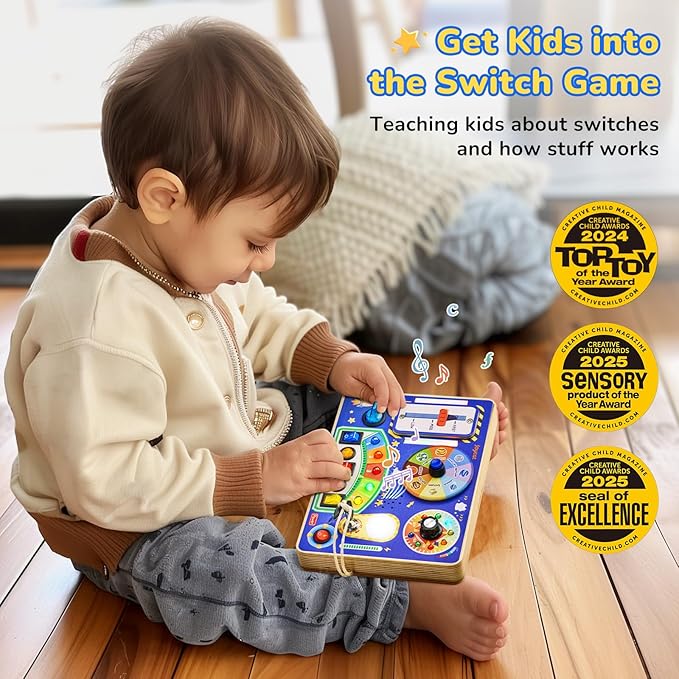 JoyCat Busy Board with Led Light, Toddler Toys for 1 2 3 4 Year Old Boys and Girls, Wooden Sensory Toys with Music, Travel Toy for Toddlers 1-3, Birthday Presents (Blue)-CubbioJoy