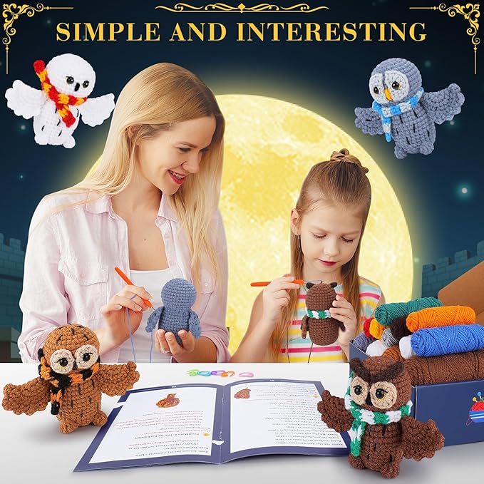 Crochet Kit for Beginners - 4 PCS Owl Crochet Kit with Step-by-Step Video Tutorials, Beginner Crochet Kits for Adults, Crochet Animal Kit for Kids, Crochet Magical Owls Set (White&Brown&Gray&Coffee)-CubbioJoy