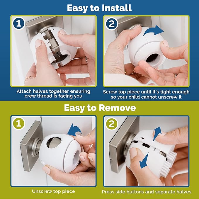 Door Knob Safety Cover for Kids (6 Pack) Hard-to-Remove Dual-Lock Door Handle Covers for Kids - Reusable Baby Proof Door Knob Locks - Installs Easily, No Tools Needed (White)-CubbioJoy