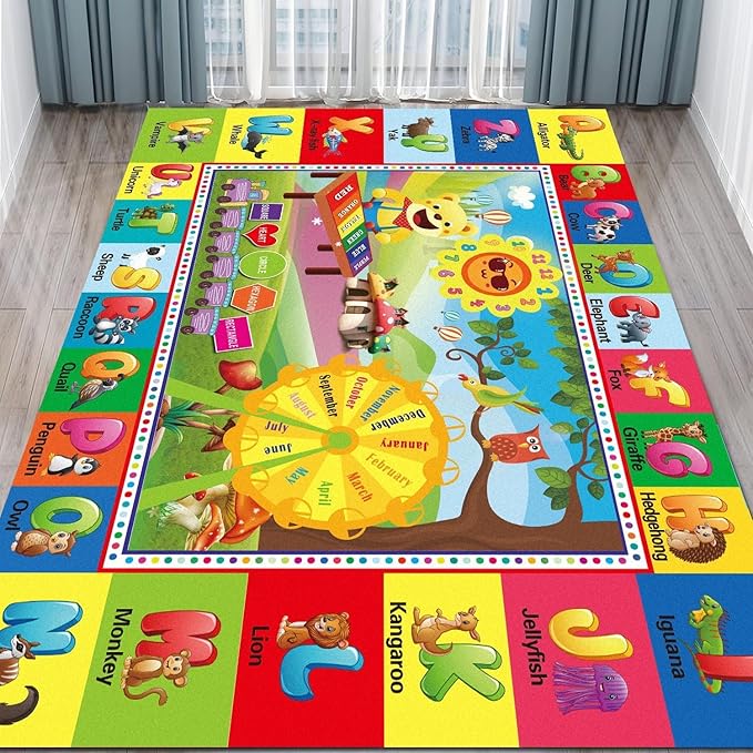 ABC Rug for Kids Room, ABC Mats for Floor Toddlers, Alphabet Play Mat Elementary Preschool Kid's Rugs wtih ABC, Numbers, Animals - (110X78.7 Inches)-CubbioJoy