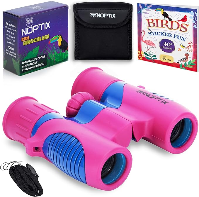 Binoculars for Kids, Girls or Boys Real Kids Binoculars in Vibrant Pink Blue - includes Sticker Book with 40 Bird Species - Kids Toys Small Binoculars, Toddler Binoculars-CubbioJoy