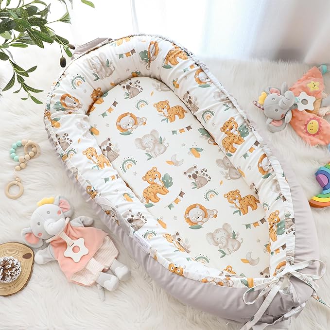 Baby Lounger Cover for Boys Girls, Reversible Baby Nest Cover, Adjustable Baby Lounger Replaceable Cover for Infant Newborn, Portable and Machine Washable, Cotton Gray Elephant Cover Only-CubbioJoy