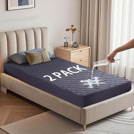 2 Pack Waterproof Mattress Protector, Twin XL Size Mattress Pad with Deep Pocket 6"-15" Depth, Soft Breathable Dirt-Proof Single Bed Mattress Cover for Bedroom, Dorm Room (Navy Blue)-CubbioJoy