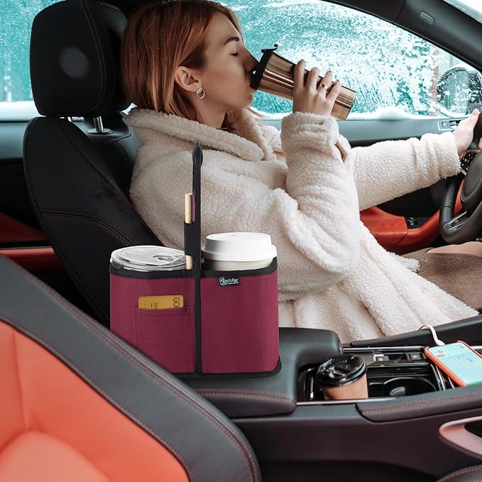 Beautyflier Drink Carrier with Handle for Delivery Reusable Insulated Coffee Cup Carrier Portable 2 Cup Holder with Handle Organizer Tote Bag for Hot & Cold Drinks, Red-CubbioJoy