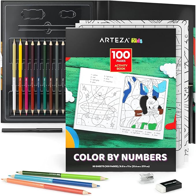 Arteza Kids Activity Book, Color by Numbers Coloring Book, 8.5 x 11 Inches, School Supplies for Ages 6 and Up, 50 Sheets, 12 Double-Ended Colored Pencils, Black Marker, Eraser, Sharpener-CubbioJoy
