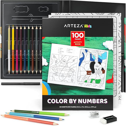 Arteza Kids Activity Book, Color by Numbers Coloring Book, 8.5 x 11 Inches, School Supplies for Ages 6 and Up, 50 Sheets, 12 Double-Ended Colored Pencils, Black Marker, Eraser, Sharpener-CubbioJoy