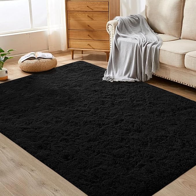 4x6 Area Rug for Living Room: Fluffy Shag Soft Washable Rugs Fuzzy Plush Indoor Carpet for Bedroom Nursery Playroom Dorm Kids Girls Boys Room (Black, 4'x6')-CubbioJoy