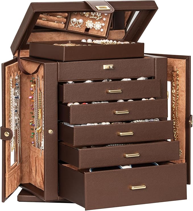 AKOZLIN 360° Rotating Jewelry Box 6-Tier Organizer Functional Jewelry Storage Case for Women Girls Ring Necklace Earring Bracelet Holder with Mirror Brown-CubbioJoy