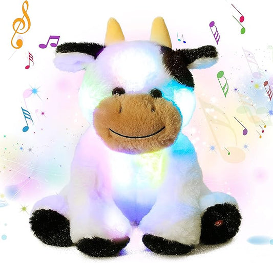 Cuteoy Glowing LED Cow Light-up Nightlight Toys Musical Plush Stuffed Animal Soft Singing Lullabies Birthday Christmas Plushies Gifts for Kids Boys Girls,10"-CubbioJoy