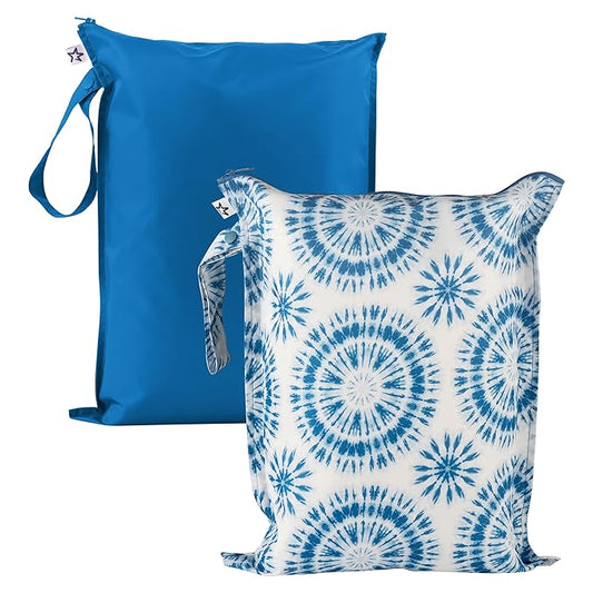 Tiny Twinkle Mess-Proof Waterproof Wet Dry Bag | 2-Pack Reusable Wet Bags for Swimsuits & Baby Clothes | Leakproof Wet Bag for Travel & Diaper Changes for Baby (Blue Tie Dye)-CubbioJoy
