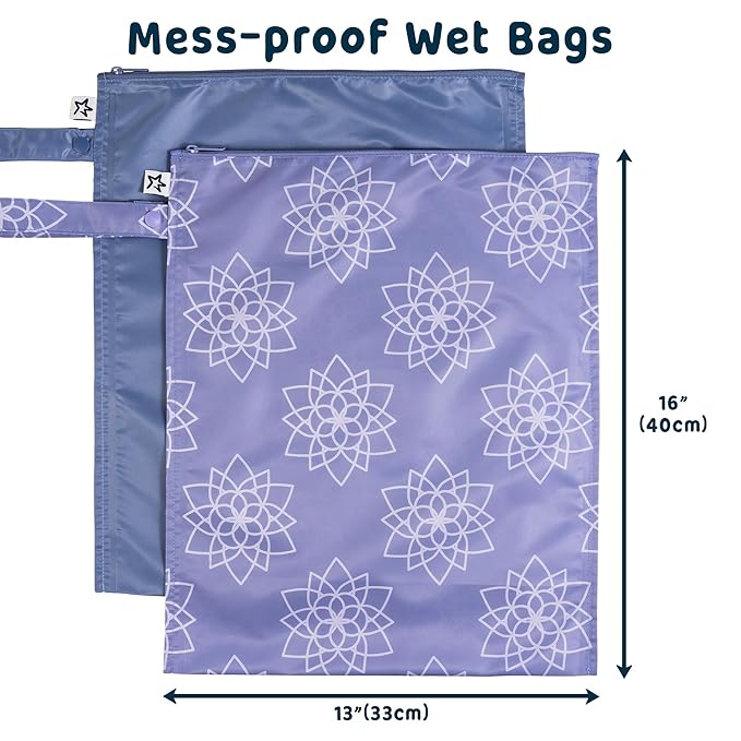 Tiny Twinkle Mess-Proof Waterproof Wet Dry Bag | 2-Pack Reusable Wet Bags for Swimsuits & Baby Clothes | Leakproof Wet Bag for Travel & Diaper Changes for Baby (Lotus)-CubbioJoy