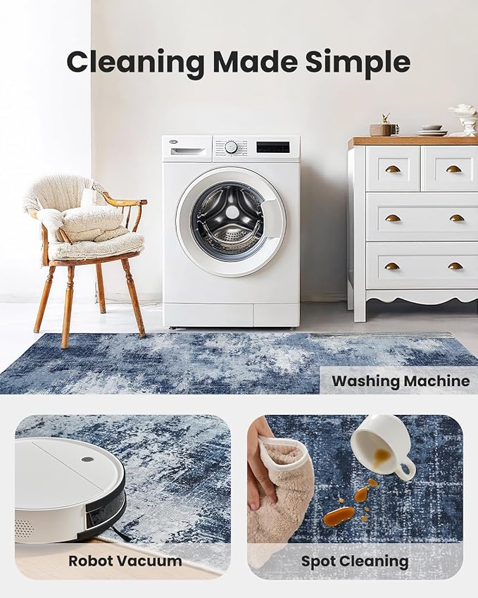 Amada 9x12 Large Area Rugs, Modern Living Room Rugs with Non-Slip Backing & Short Pile, Washable Rug with Abstract Pattern for Living Room, Bedroom and Dinning Room, Dark Blue-CubbioJoy