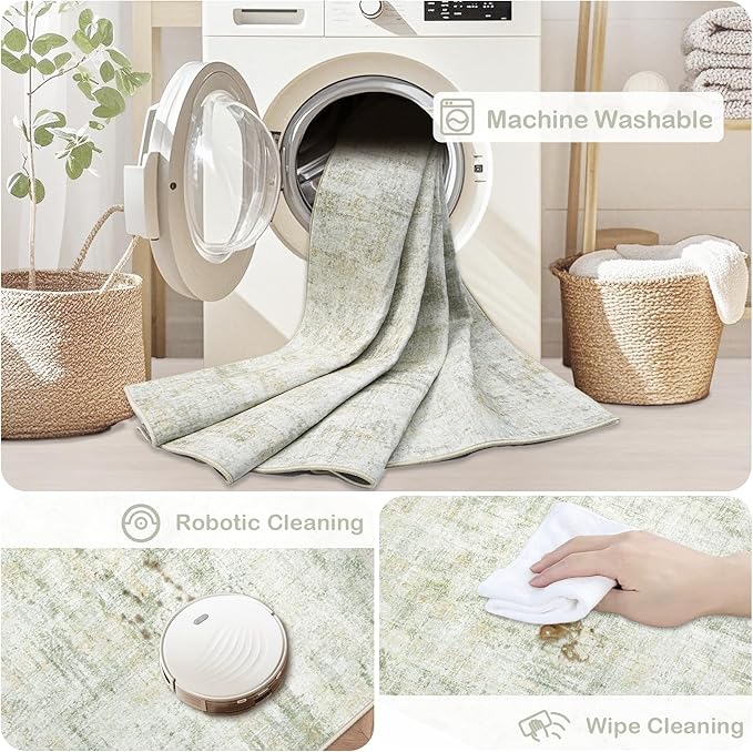 Area Rugs 5x7 Living Room: Washable Rug Modern Abstract Rugs Soft Non Slip Neutral Rug Stain Resistant Indoor Carpet for Bedroom Kitchen Dining Room Nursery Home Office Rugs(Green Brown,5'x7')-CubbioJoy