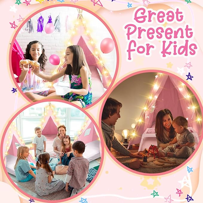 6 Pack Sleepovers Teepee Tent for Kids Bulk with Mattress Sheet Light,Natural Cotton Washable Indoor Play Tent for Birthday Slumber Party Girls Boys Pajama Movie Night Supplies(Light Pink)-CubbioJoy