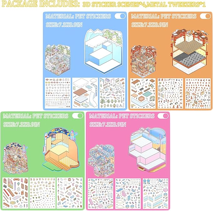 4 Sets Big 3D Sticker Scenes DIY Craft Kit – Build Your Own Miniature Rooms Stickers Book(Museum/Ski Resort/Amusement Park/Aquarium) for Kids & Adults, Creative Craft Kit for Gifts-CubbioJoy