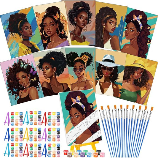 Blosssound 10 Set Pre Printed Canvas Pre Drawn Canvas Painting with Easel Kits 5" x 7" Outline Painting Panels for Beginners, DIY Craft Project, Party Favor, Home Decors(Black Women)-CubbioJoy