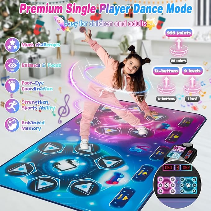 Dance Mat Toy Gift for Kids ages 3-12, Dancing Music Playmat with 12 Key, Large Size (59*38 in), Double User Challenge Game Christmas Birthday Gift for Girls Boys 5 6 7 8 9 10 11 12 Year Old-CubbioJoy